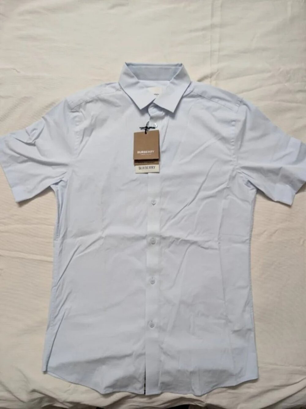 Burberry Men's White Short Sleeve Button-Up Shirt Classic Fit Blue S